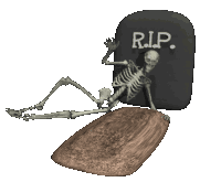 skeleton waving while laying on top of a gravestone